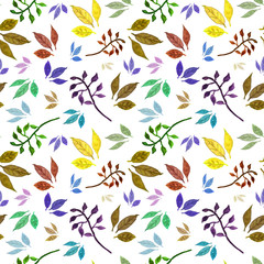 Seamless watercolor pattern with colorful leaves. Isolated on white. Design for card, poster or wallpaper.