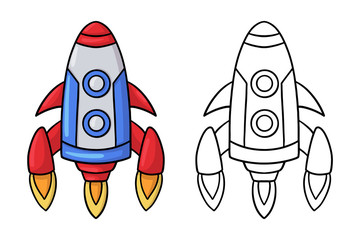 Doodle cartoon space rocket. Design element. Vector illustration isolated on a white background.