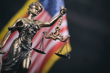 Scales of Justice, Justitia, Lady Justice in front of the American flag in the background.