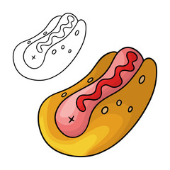 Cartoon doodle hot dog. Design element. Vector illustration isolated on a white background.