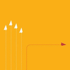 Think differently concept. Red airplane changing direction. Vector illustration