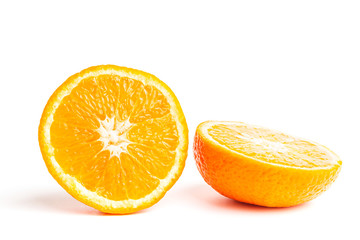 Sliced round halves of orange fruit, citrus isolated on white background