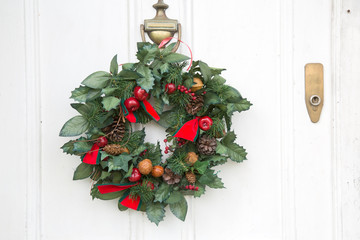 Christmas Wreath on White Front Door