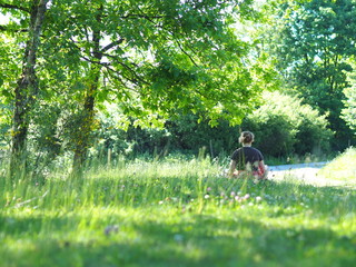 Woman meditates in lotus position in a meadow