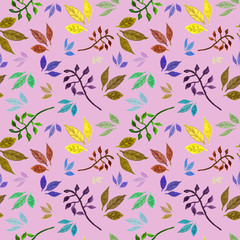Seamless watercolor pattern with colorful leaves. Design for card, poster or wallpaper.