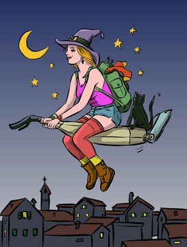 witch flying on broom. illustration