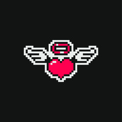 Heart with wings Valentines day pixel art icon. Love symbol. Design for sticker, web, mobile app, embroidery, badges and patches. Isolated vector illustration