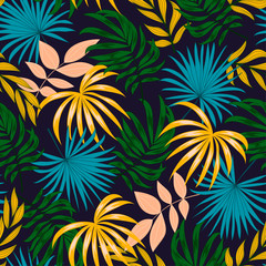 Fototapeta na wymiar Tropical seamless pattern. Blue and yellow plants and leaves on a dark background. Vector background for various surface. Trendy summer Hawaii print. Floral pattern.