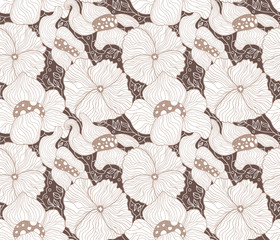 Art Nouveau, Jugendstil style monochrome vector outline stylised elegant flowers seamless pattern. Pattern can be used for wallpaper, pattern fills, web page background, surface textures