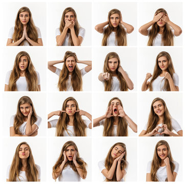 collage of portraits of beautiful woman with different positive and negative emotions on white background