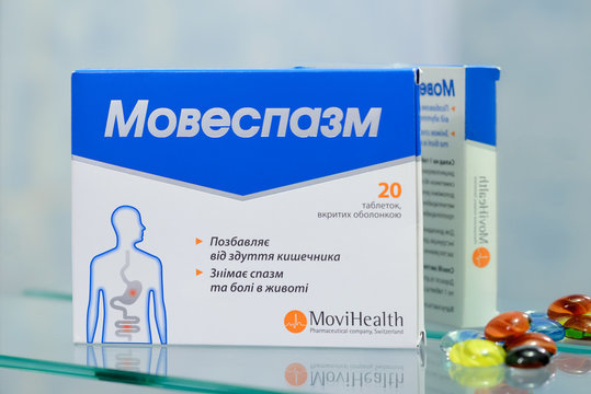 Kiev/Ukraine - August 27, 2017 - Movespasm box, 20 tablets, dicycloverinum hydrochloride and simethicone, to cure stomach spasm. For the Ukrainian market