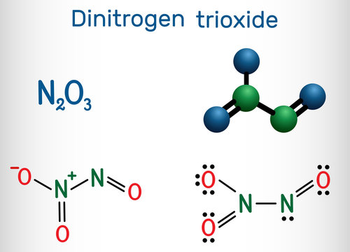 Dinitrogen trioxide , N2O3 molecule. Structural chemical formula and molecule model