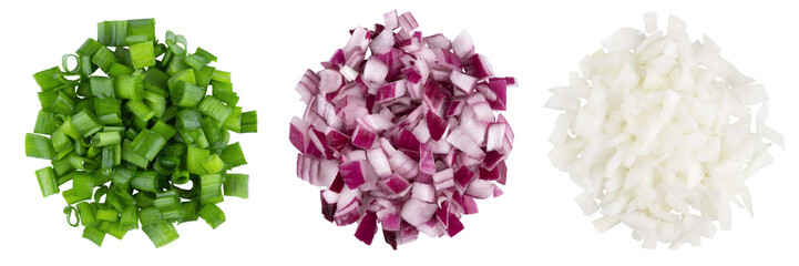 Heap of diced red, green, white onion. A set of three types. Isolate on a white background, top view.