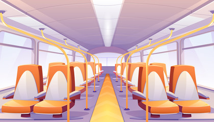 Empty bus interior with orange seats. Vector cartoon passenger cabin of public city transport with comfortable chairs and handrails, school autobus, tram or train inside © vectorpouch