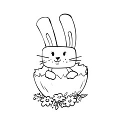 Vector illustration. Easter bunny is sitting in an egg shell. Cute animal drawn by a line with flowers and berries in an Easter egg on a white background