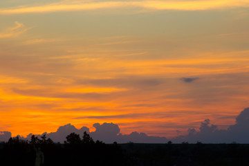 clouds above the horizon lit by the setting sun