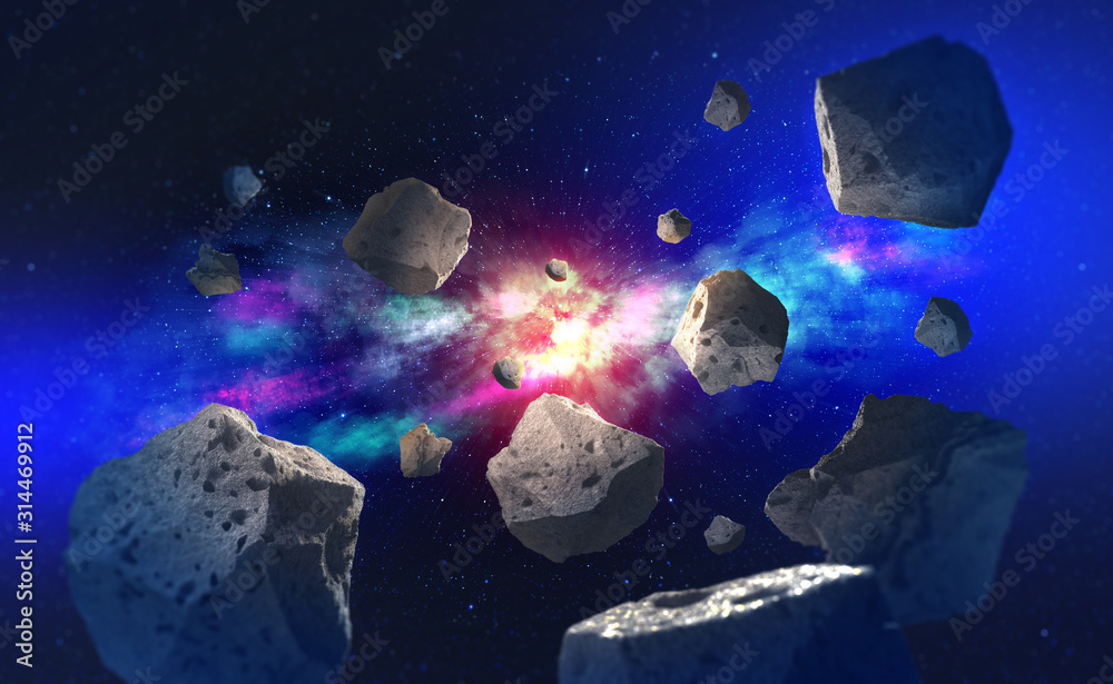 Poster flying asteroids in outer space. big bang and meteor shower. galaxy and star trek 3d illustration