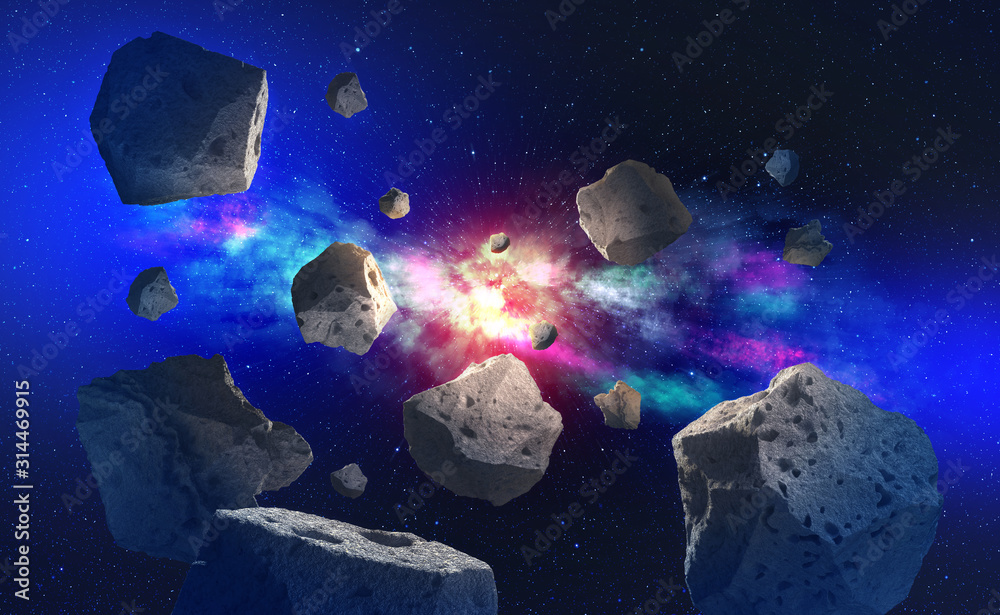 Poster flying asteroids in outer space. big bang and meteor shower. galaxy and star trek 3d illustration