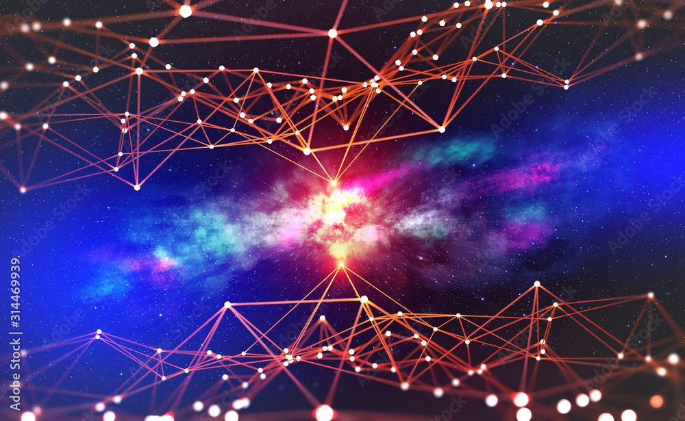 Poster Block chain network and galactic nebula. Artificial intelligence. Global decentralized database. Future world 3D illustration