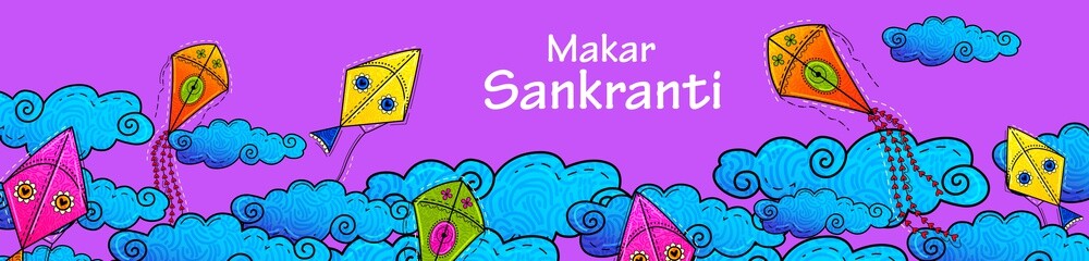 illustration of Happy Makar Sankranti wallpaper with colorful kite string for festival of India