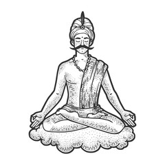 Yogi meditating and floating on cloud sketch engraving vector illustration. Scratch board style imitation. Black and white hand drawn image.