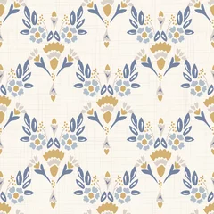 Deurstickers Landelijke stijl Franse shabby chic damast vector textuur achtergrond. Sierlijke bloem in blauw en geel op gebroken wit naadloos patroon. Hand getekende bloemen interieur home decor staal. Klassieke boerderijstijl all-over print