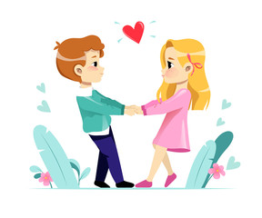 Happy Valentine s Day concept. Loving couple is holding hands. Funny cartoon character. Flat style. Vector illustration