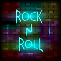 Vip neon icons concept. Neon Rock N Roll Sign on the dark brick wall background. Flat style. Vector illustration