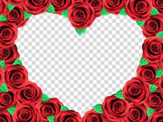 Red Rose Heart Photo Frame. Floral Top View Flat Lay Picture Frame. Elegant Vintage Roses With Leaves, Transparent Background. Love Greeting Anniversary Card. Wedding Gift.