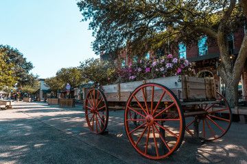 Fototapeta na wymiar Beautiful carriage filled with flowers in Downtown Savannah, Georgia USA