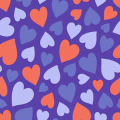 Fototapeta na wymiar Cute hearts seamless pattern in trendy bright colors on a violet background. Flat and simple. Can be used as a wallpaper