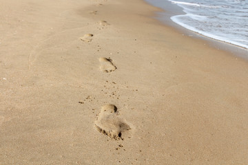 Beautiful yellow sandy beach with traces and footprints is by turquoise sea with sunlight and the waves