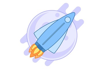Flat style spaceship flying in the sky with a planet or satellite background. Cartoon style illustration isolated on white background.