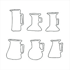 Line hand drawn icon set of kitchen utensils. Doodle cooking related objects. Items for menu jug, pitcher, jar, bowl. Dishware 