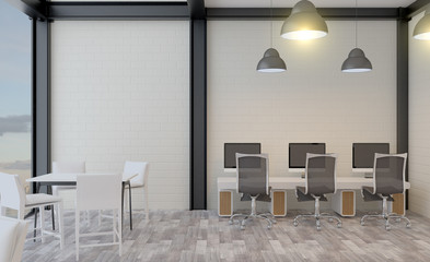office with open space on the background of the evening city. meeting room in a modern style. Brick walls. large panoramic windows.. 3D rendering.