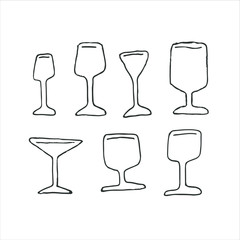 Beverage cup set of glasses  Hand drawn line art, sketch doodle style vintage isolated on white. Tableware alcohol drinks and cocktails. wine bottles, martini, cognac, cherry, beer