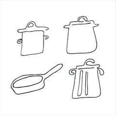 Line hand drawn icon set of kitchen utensils. Doodle Kitchen cooking related objects. Items for menu pan, pot, saucepan, casserole, skillet. Dishware 