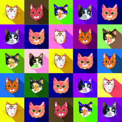 Print with cat faces on colored squares. Cats for printing on fabric.