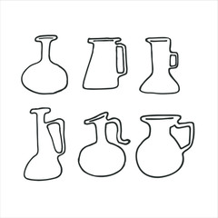 Line hand drawn icon set of kitchen utensils. Doodle cooking related objects. Items for menu jug, pitcher, jar, bowl. Dishware 