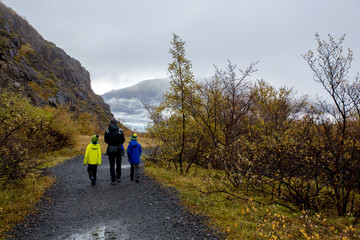 Father with children, walking on a path in beautiful nature of Skaftafell Glacier national park on a gorgeous autumn day in Iceland