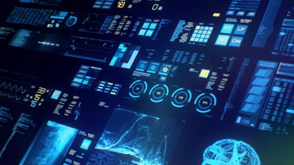 Perspective view of lowpower Futuristic interface/Digital screen.Detailed abstract background with blinking and switching indicators and statuses showing work of command center, processing big data, m - Powered by Adobe