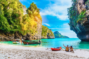 Landscape of nature scenic sea beach on small island in Krabi, Activity happy couple traveler, Travel Phuket Thailand, Tourism beautiful destination place Asia, Summer holiday outdoor vacation trips