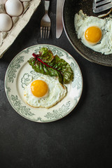 fried eggs, healthy food (delicious snack) menu concept. food background. top view. copy space