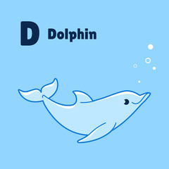Cartoon dolphin, cute character for children. Good illustration in cartoon style for abc book, poster, postcard. Animal alphabet - letter D.