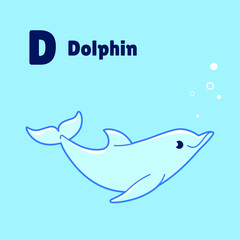 Cartoon dolphin, cute character for children. Good illustration in cartoon style for abc book, poster, postcard. Animal alphabet - letter D.