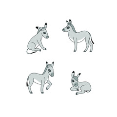 Cartoon donkey icon set. Different poses of cartoon animal. Vector illustration for prints, clothing, packaging, stickers.