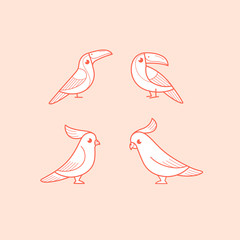 Obraz premium Cartoon cockatoo and toucan sketch line icon. Kawaii bird icons set. Childish print for nursery, kids apparel, poster, postcard, pattern.