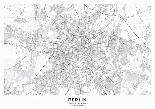 Berlin city map poster. Detailed map of Berlin (Germany). Transport system of the city. Includes properly grouped map features (water objects, railroads, roads etc).