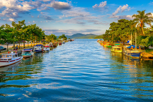 Canal in historical center of Paraty, Rio de Janeiro, Brazil. Paraty is a preserved Portuguese colonial and Brazilian Imperial municipality. Cityscape of Paraty