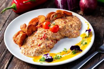 Highly detailed food plate decoration, stuffed chicken with paprika sauce